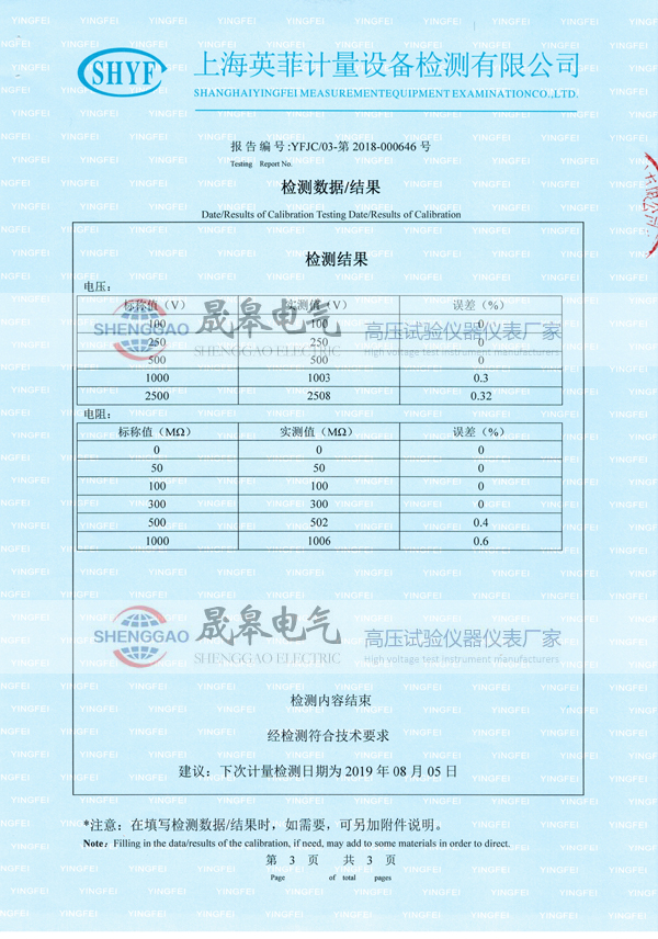 晟皋NL3102绝缘电阻测试仪检测报告