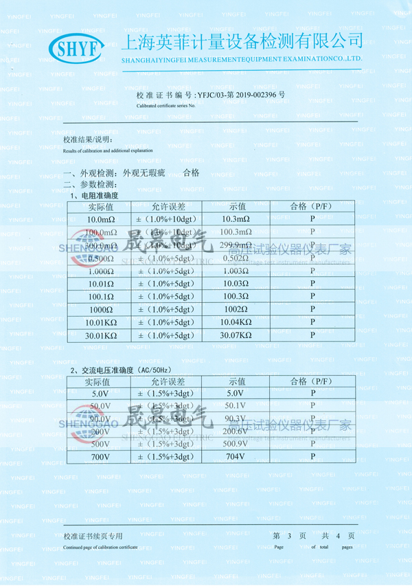 晟皋SG3050等电位测试仪校准证书